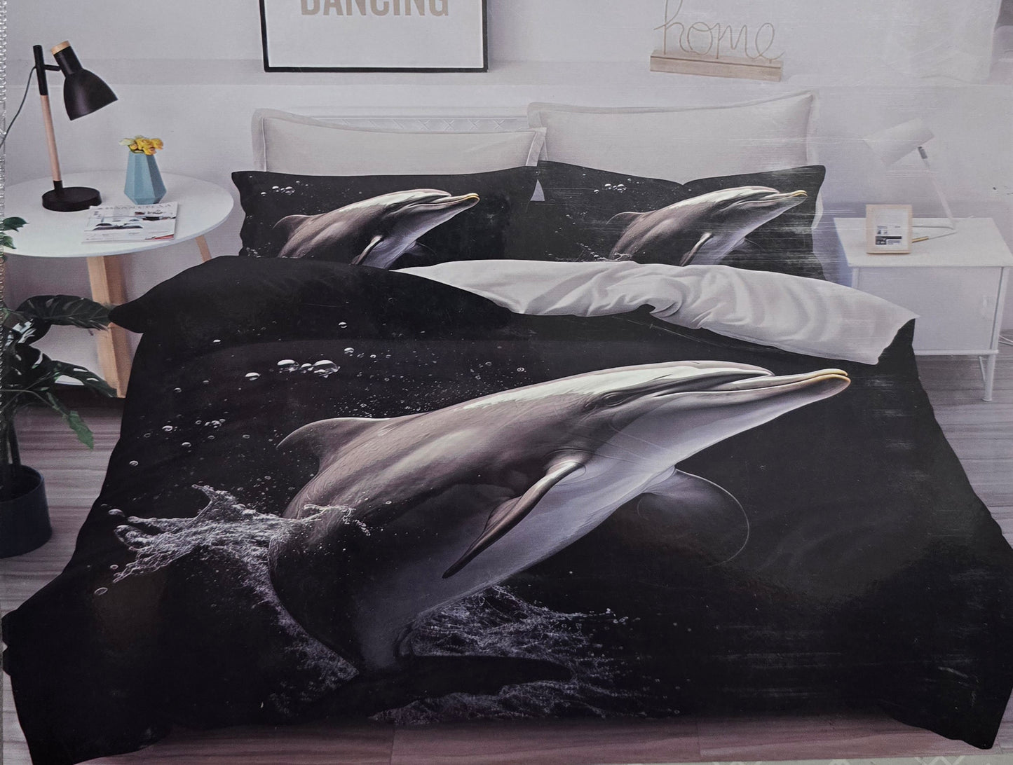 Gultas veļas komplekts Milano,200x220cm, 4 daļas, melns ar delfīniem