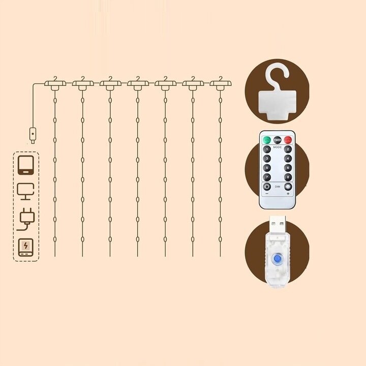 LED aizkaru virtene, 300 LED, 3x3 m, Auksti balta(bez āķiem un barošanas bloka.)