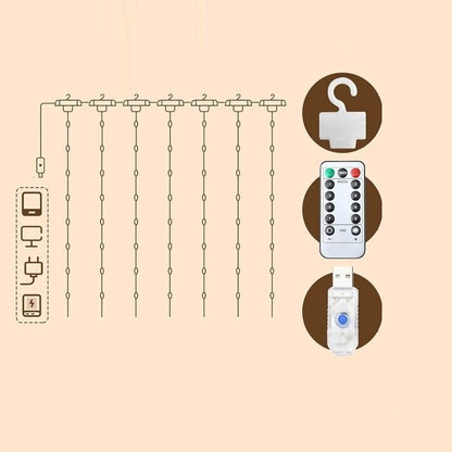 LED aizkaru virtene, 300 LED, 3x3 m, silti baltā / dzeltenā krāsā.